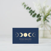 Navy Blue & Gold Moon Phase Yoga Spiritueller Coac Visitenkarte (Stehend Vorderseite)