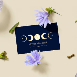 Navy Blue & Gold Moon Phase Yoga Spiritueller Coac Visitenkarte