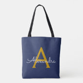 Navy Blue Gold Name Giro Script Monogram Modern Tasche (Rückseite)