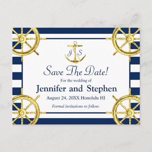 Navy Blue Gold Nautical Wedding rettet das Datum Ankündigungspostkarte (Vorderseite)
