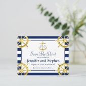 Navy Blue Gold Nautical Wedding rettet das Datum Ankündigungspostkarte (Stehend Vorderseite)