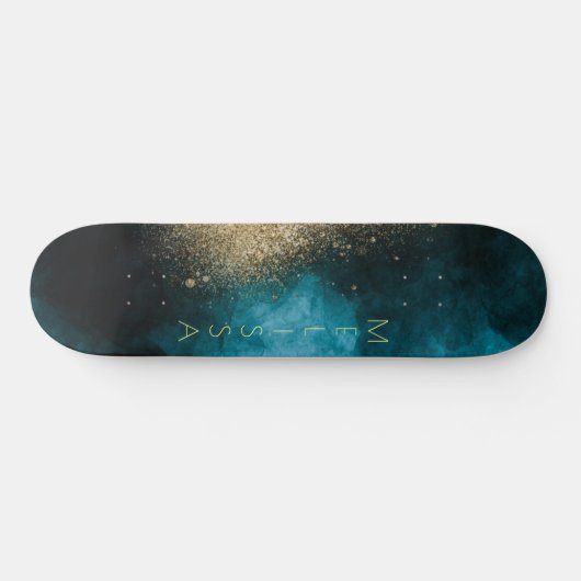 Navy Blue Gold Nebula Monogram Skateboard (Horizontal)