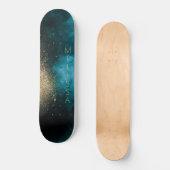 Navy Blue Gold Nebula Monogram Skateboard (Vorderseite)