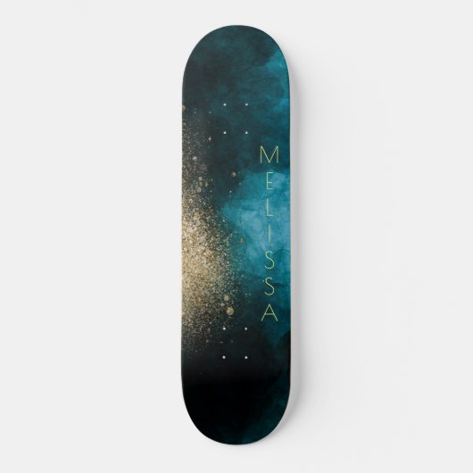 Navy Blue Gold Nebula Monogram Skateboard (Vorderseite)