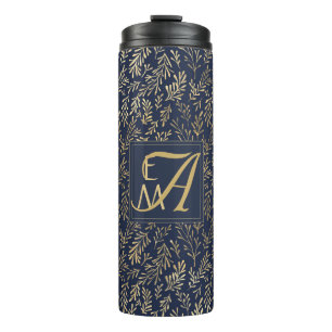 Navy Blue Gold Newly Weds Wedding Monogram Decor Thermosbecher