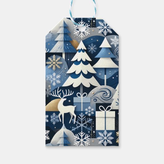 Navy Blue Gold Nordic Christmas Forest Pattern Geschenkanhänger (Vorderseite)