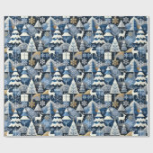 Navy Blue Gold Nordic Christmas Forest Pattern Geschenkpapier (Flach)