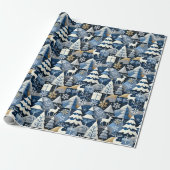 Navy Blue Gold Nordic Christmas Forest Pattern Geschenkpapier (Ungerollt)