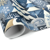 Navy Blue Gold Nordic Christmas Forest Pattern Geschenkpapier (Rolleneckpunkt)