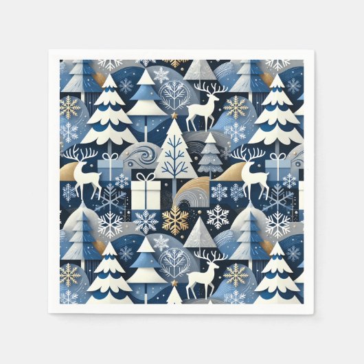 Navy Blue Gold Nordic Christmas Forest Pattern Serviette (Vorderseite)