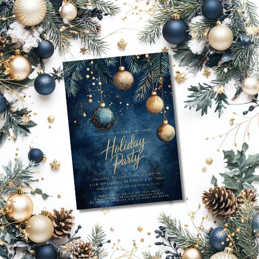 Navy Blue Gold Ornaments Baubles Weihnachtsfeierta Einladung