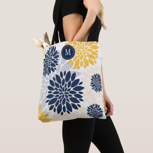 Navy Blue Gold Oversified Floral Monogram Tasche (Von Nahem)