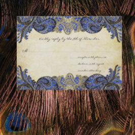 Navy Blue Gold Paisley Peacock Colors Wedding RSVP Karte