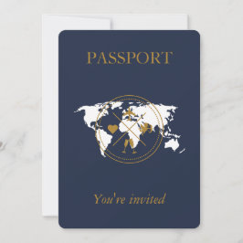 Navy Blue Gold Passport Hochzeit in Urlaubsort QR Einladung