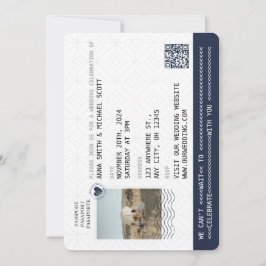 Navy Blue Gold Passport Hochzeit in Urlaubsort QR Einladung