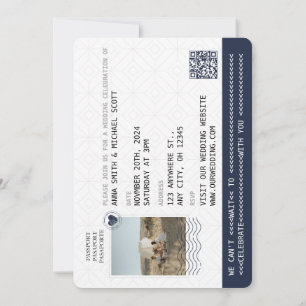 Navy Blue Gold Passport Hochzeit in Urlaubsort QR Einladung