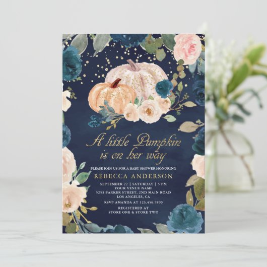 Navy Blue Gold Peach Floral Pumpkin Baby Dusche Einladung (Stehend Vorderseite)