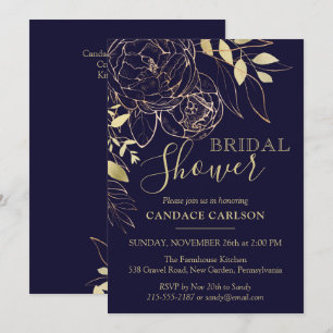 Navy Blue & Gold Peony Modern Floral Brautparty Einladung