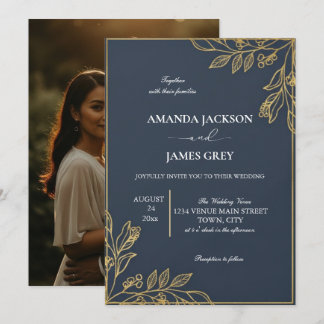 Navy Blue Gold Photo Back Botanical Wedding Invite Einladung