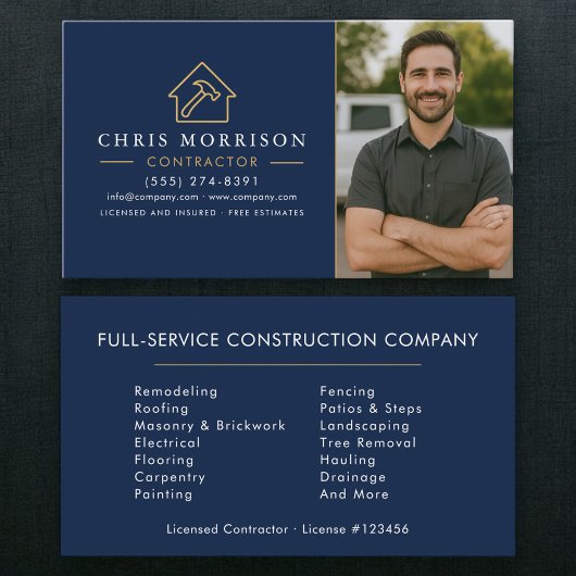 Navy Blue Gold Photo Building Construction Visitenkarte