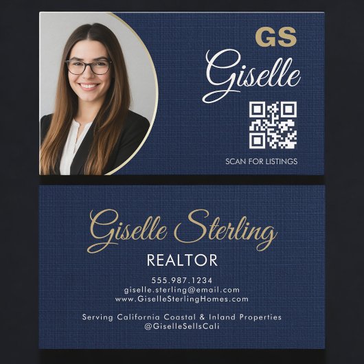 Navy Blue Gold Photo Realtor QR Code Linen Visitenkarte