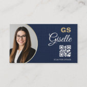 Navy Blue Gold Photo Realtor QR Code Linen Visitenkarte (Vorderseite)