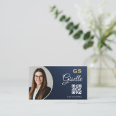 Navy Blue Gold Photo Realtor QR Code Metallic Visitenkarte (Stehend Vorderseite)