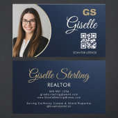 Navy Blue Gold Photo Realtor QR Code Metallic Visitenkarte