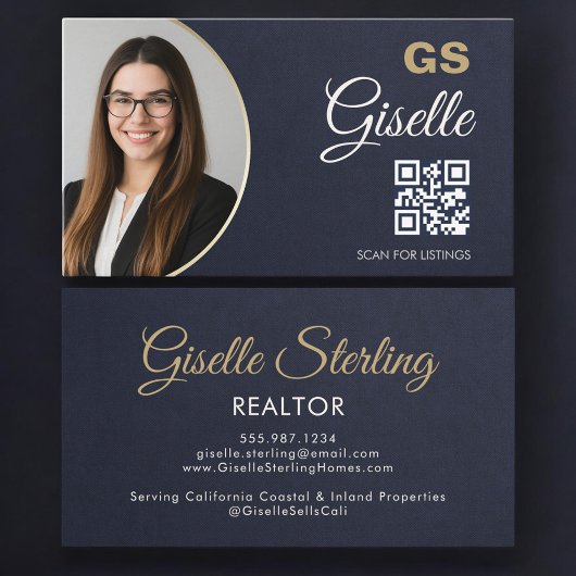 Navy Blue Gold Photo Realtor QR Code Slate Stone Visitenkarte
