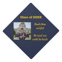 Navy Blue Gold Photo Script Graduation Cap Topper