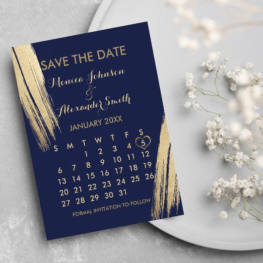 Navy Blue Gold Pinselstriche Kalender Save the Dat Ankündigungspostkarte