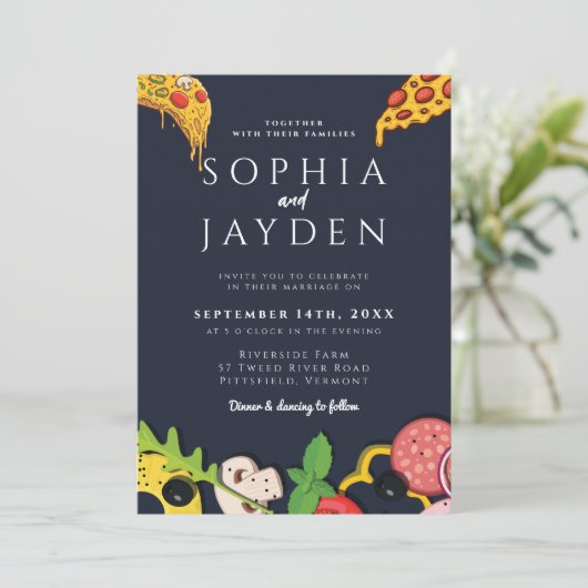 Navy Blue Gold PIZZA Moderner Minimaler Chic Einladung (Stehend Vorderseite)