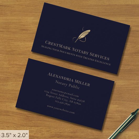 Navy Blue Gold Quill Logo Visitenkarte