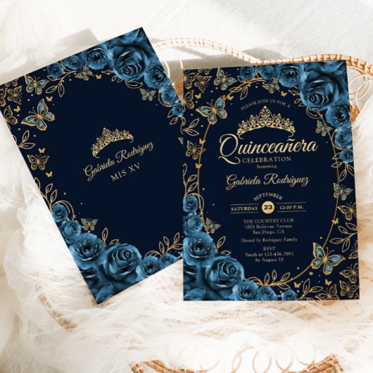 Navy Blue Gold Quinceanera Einladung