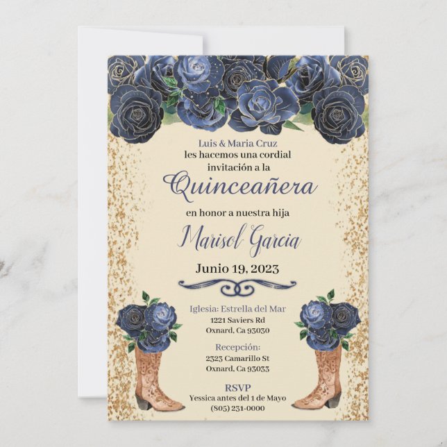 Navy Blue Gold Quinceanera Invitation Floral Blue  (Vorderseite)
