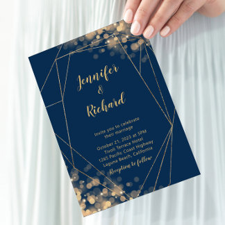 Navy Blue & Gold Rahmen mit Bokeh Lights Einladung