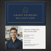 Navy Blue Gold Real Estate Agent Photo Visitenkarte