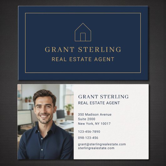 Navy Blue Gold Real Estate Agent Photo Visitenkarte