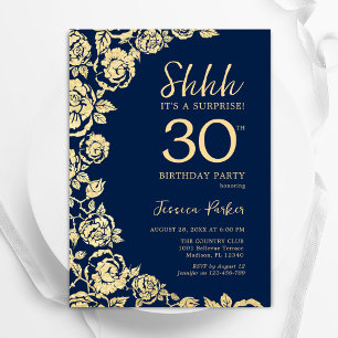 Navy Blue Gold Rose Überraschung 30. Geburtstag Einladung