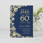 Navy Blue Gold Rose Überraschung 60. Geburtstag Einladung (Stehend Vorderseite)
