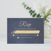 Navy Blue Gold Rustic Chic Wedding RSVP (Stehend Vorderseite)