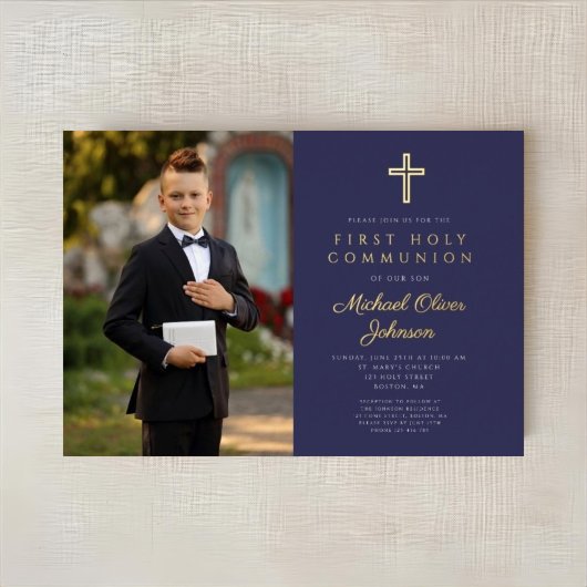 Navy Blue Gold Script Boy Foto Erste Kommune Folieneinladung
