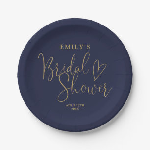 Navy Blue-Gold-Script-Brautparty Pappteller