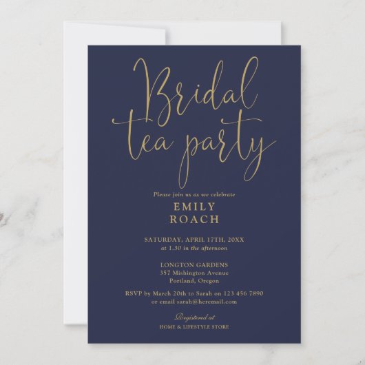 Navy Blue Gold Script Bridal Tee Party Dusche Einladung (Vorderseite)
