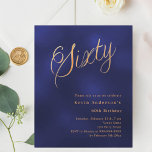 Navy Blue Gold Script Einladung zum 60. Geburtstag<br><div class="desc">Eine moderne,  stilvolle Einladung zu einer 60. Geburtstagsfeier. Ein marineblau,  uneinheitlich farbiger Hintergrund und das Wort Sixty mit eleganten großen Schriftzeichen in Imitat Gold geschrieben. Personalisieren und fügen Sie einen Namen und Party-Details hinzu. 1 Blatt = 1 Einladung mit Druckkante bis Kante.</div>