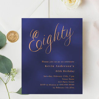 Navy Blue Gold Script Einladung zum 80. Geburtstag