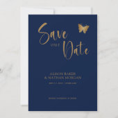 Navy Blue & Gold Script: Glitzer Butterfly Wedding Save The Date (Vorderseite)