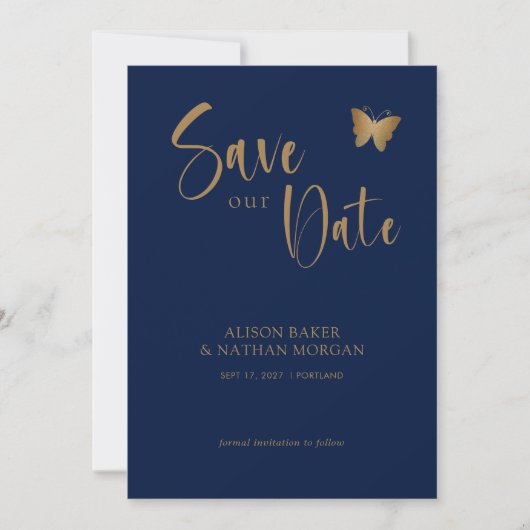 Navy Blue & Gold Script: Glitzer Butterfly Wedding Save The Date (Vorderseite)