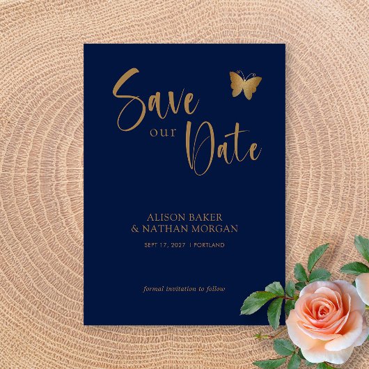 Navy Blue & Gold Script: Glitzer Butterfly Wedding Save The Date