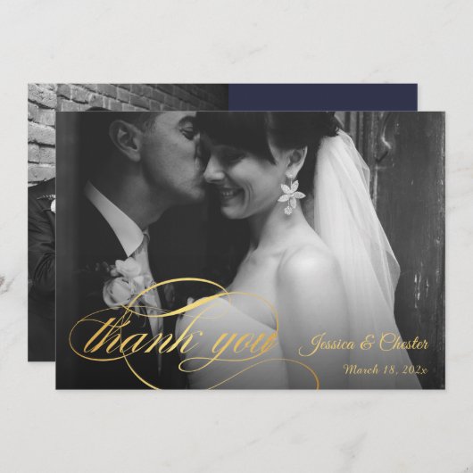 Navy Blue & Gold Script Hochzeit Foto Vielen Dank Dankeskarte (Vorne/Hinten)